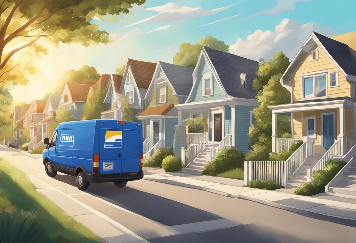 A neighborhood mail carrier delivering EDDM postcards to every door on a sunny afternoon