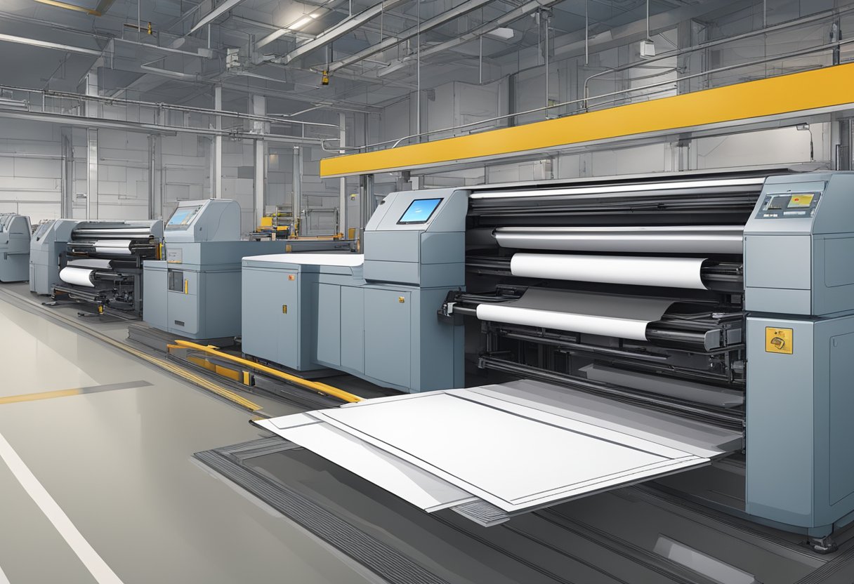 A large industrial printer producing stacks of postcards
