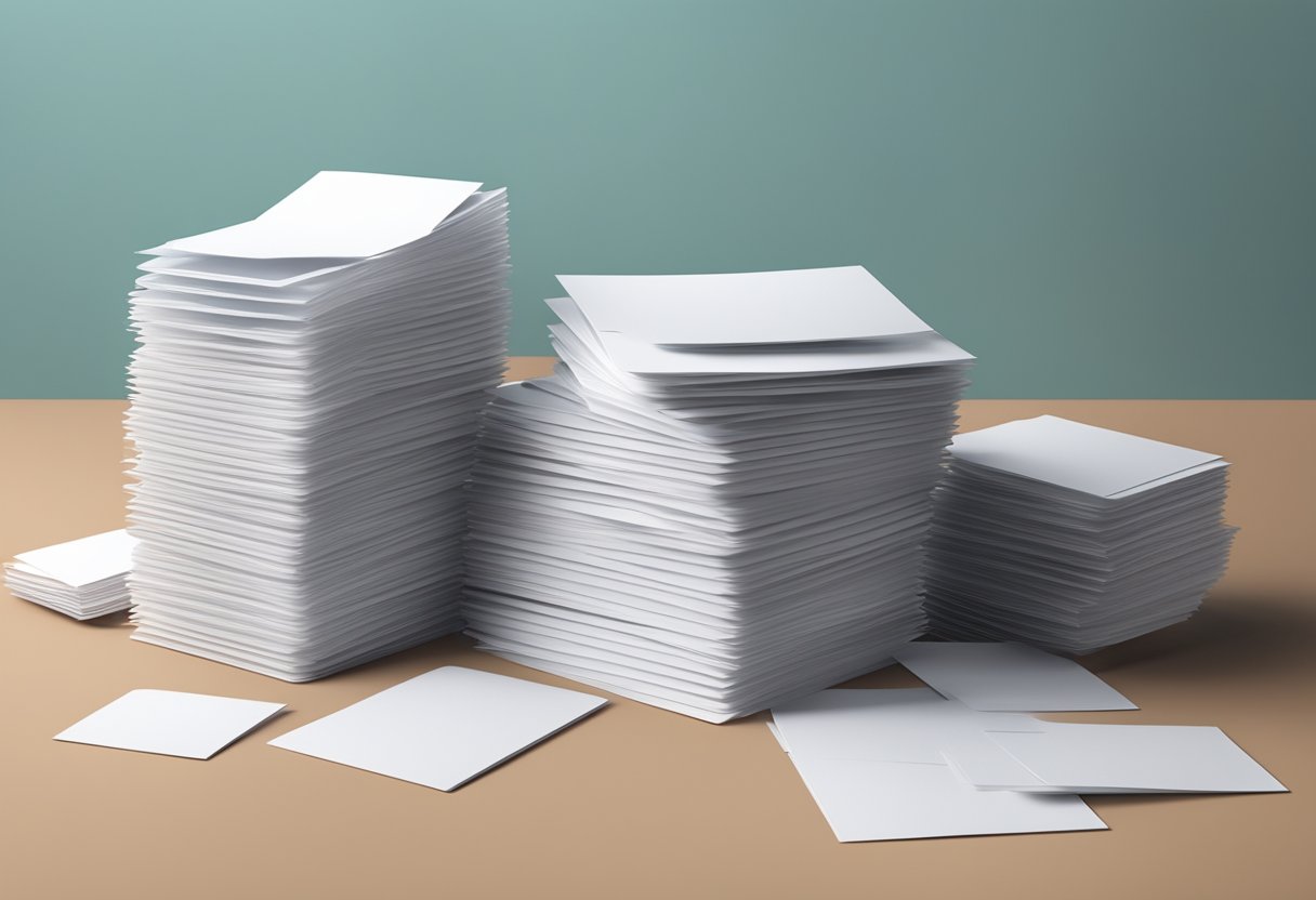 A stack of plastic postcard mailers on a table, with a few scattered on the floor