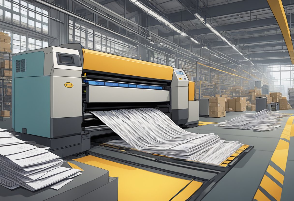 A large industrial printer spitting out stacks of envelopes in a busy warehouse setting