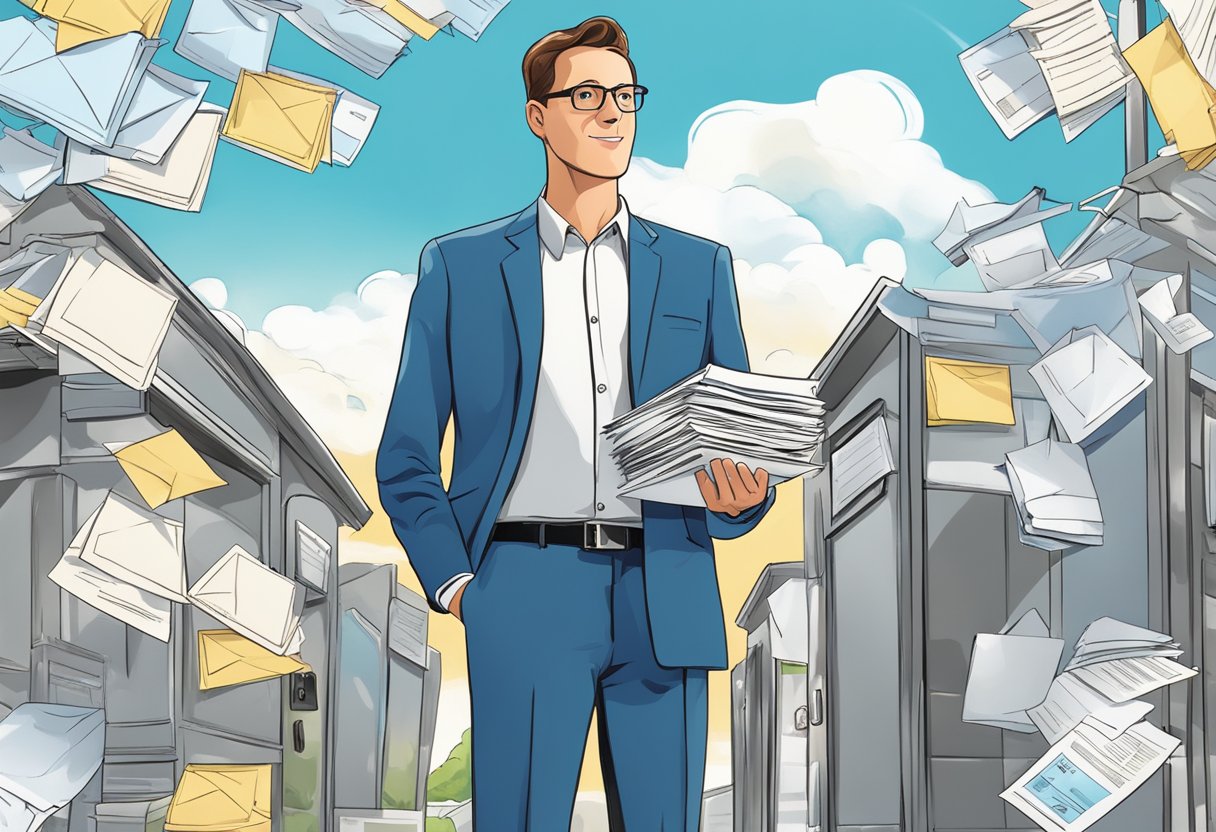 An insurance agent standing by a mailbox, surrounded by envelopes and flyers, with a bright blue sky in the background